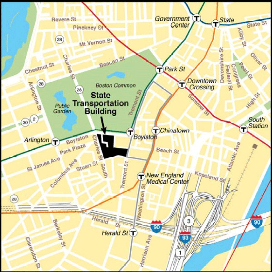 Map of state transportation building. The state transportation building is located at 10 Park Plaza, Boston.